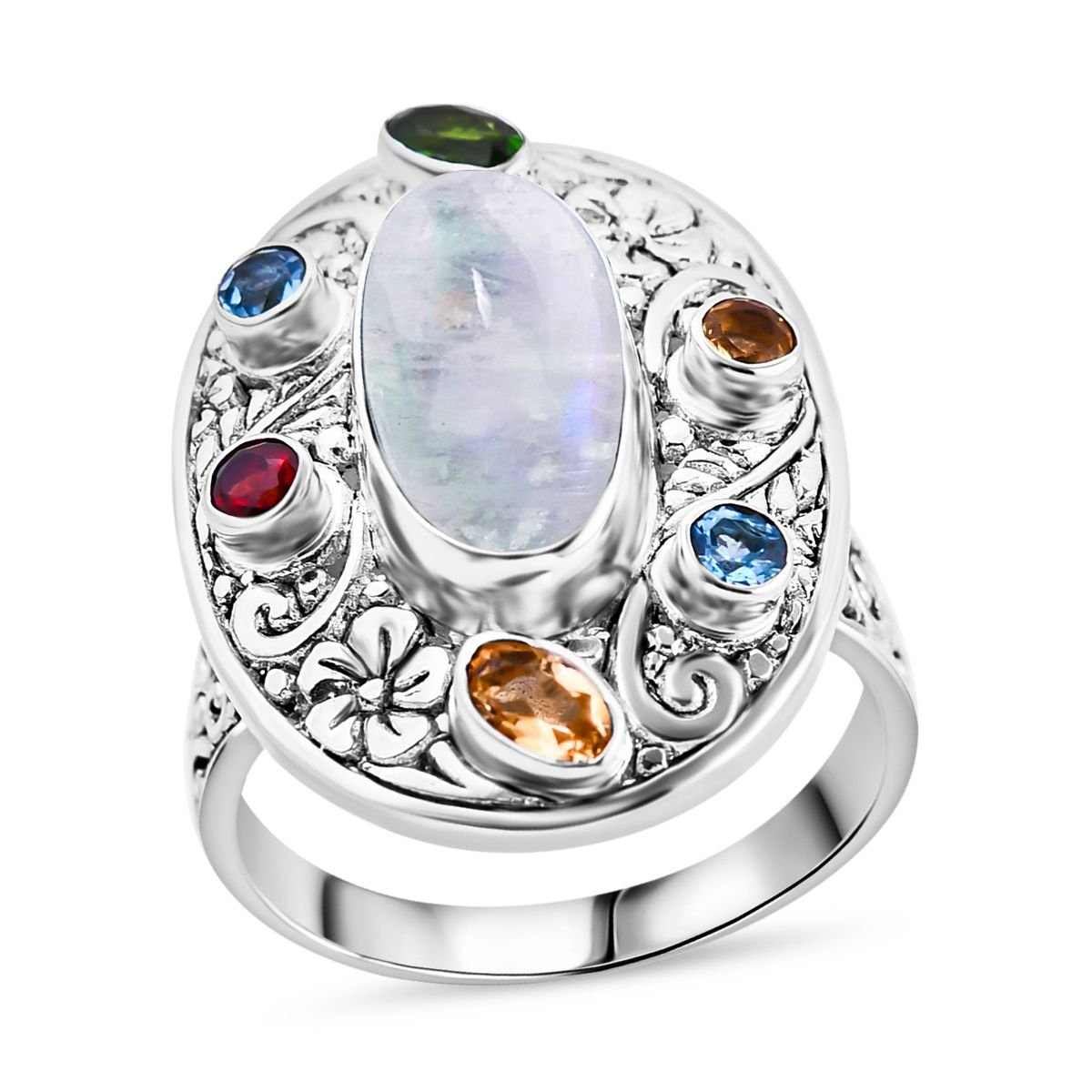 Royal Bali - Regenbogen Mondstein, Natürlicher Chromdiopsid Ring 925 Silber (Größe 17.00) ca. 6.74 ct